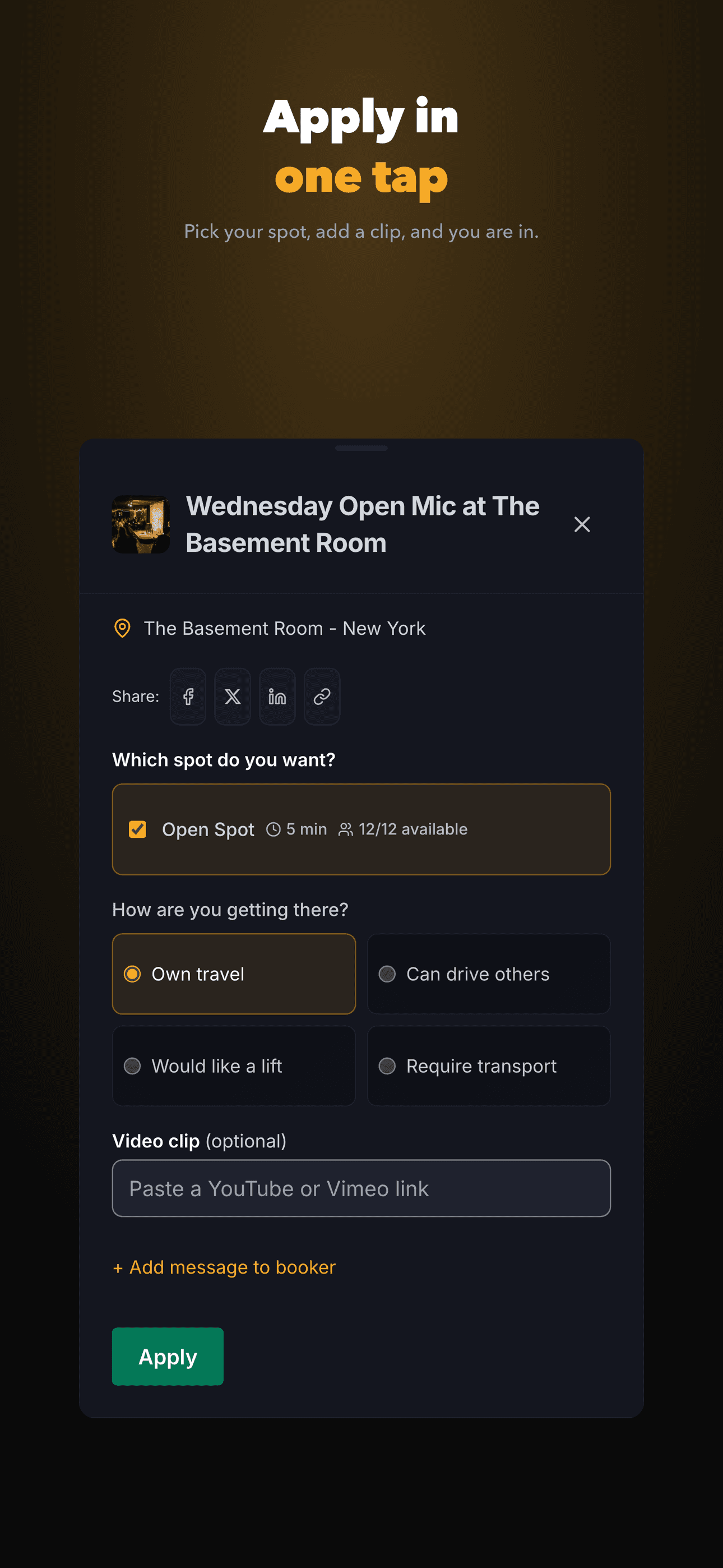 Stagebook apply screen - pick your spot, add a clip, and apply in one tap