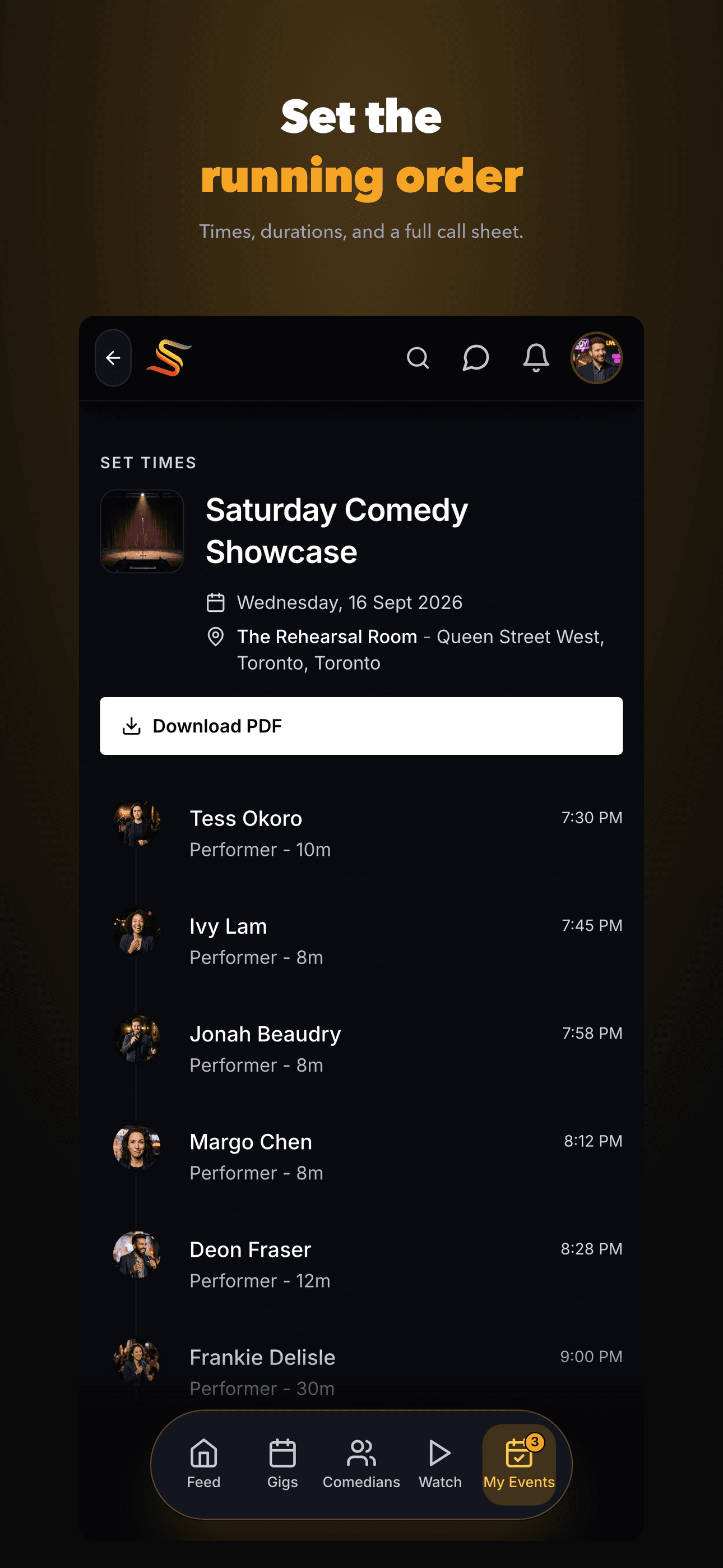 Stagebook running order screen - set times and download the call sheet
