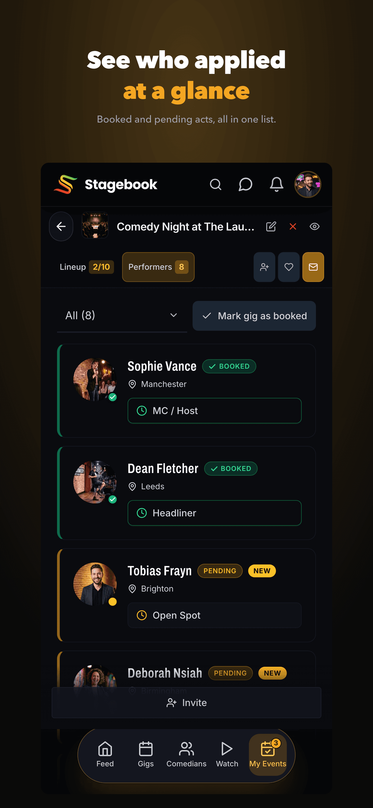 Stagebook applicants screen - booked and pending acts in one list